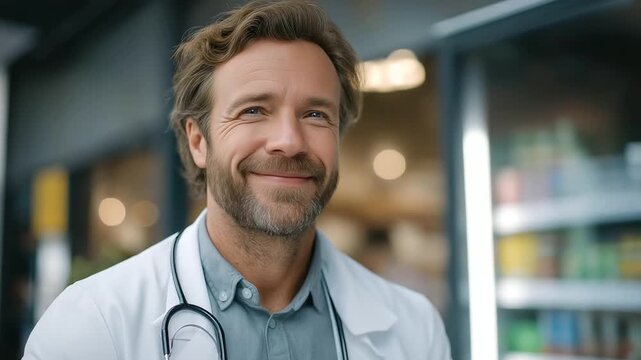 male physician resting briefly in staff lounge with stethoscope around neck soft hum vending machine real life moment three quarter wide angle cinematic color correction gentle