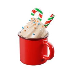 Holiday mug topped with whipped cream and candy. 3D illustration.