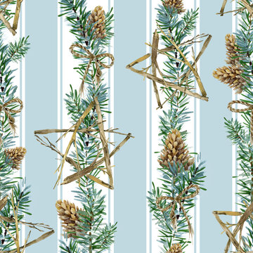 A delicate watercolor Christmas pattern with a garland of fir branches, cones, and craft stars. On a soft, striped blue background. Hand-painted style for a cozy holiday design
