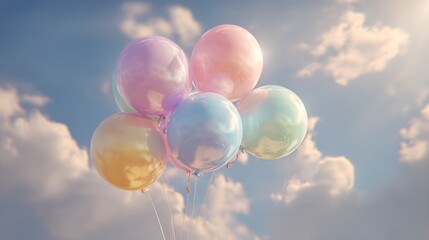 Colorful pastel balloons floating against a bright blue sky with fluffy clouds, creating a joyful and uplifting atmosphere of celebration and happiness