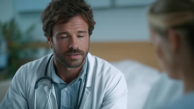 male physician teaching medical student proper stethoscope use at bedside muted classroom buzz mentorship three quarter wide angle cinematic color correction gentle backlight