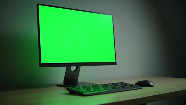 Modern computer setup with vibrant green screen display and sleek peripherals on a wooden desk illuminated