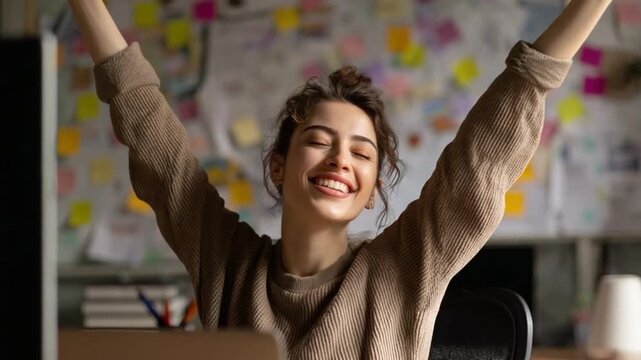 Triumph in the Office: A woman celebrates a success with open arms. Captured her joy and elation with a backdrop of colorful notes.