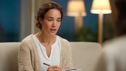 woman helping patient journal feelings during therapy session muted writing sound therapeutic support depression recovery three quarter wide angle cinematic color correction gent