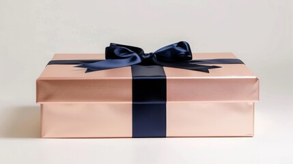 Elegant rose gold gift box tied with a luxurious dark blue ribbon and bow