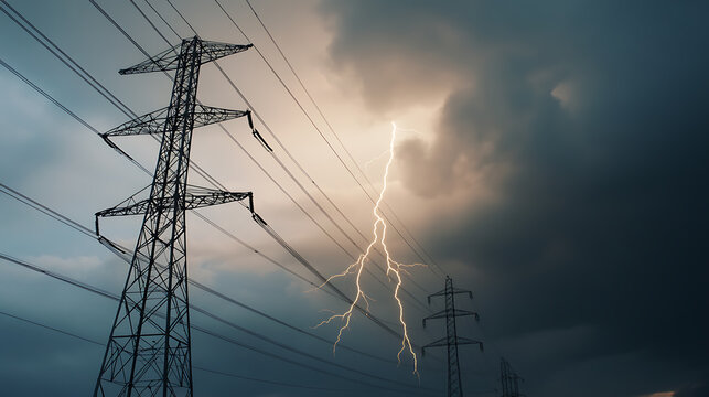 Electrical storm meets power lines: A vibrant lightning bolt strikes amidst towering electricity pylons and a dramatic, stormy sky, illustrating nature's raw power.