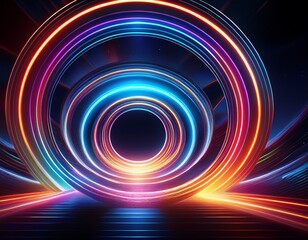 circular neon light rings in dark space