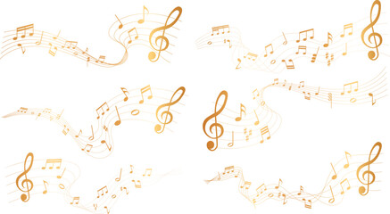 Plakat collection of gold colored sheet music illustrations - musical notes melody