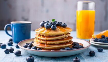 fluffy blueberry pancakes drizzled with syrup and fresh orange juice breakfast scene