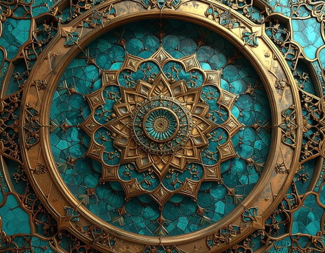 Elaborate turquoise stone and golden metallic mandala artwork illustration