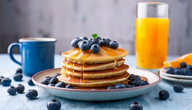 fluffy blueberry pancakes drizzled with syrup and fresh orange juice breakfast scene - Powered by Adobe