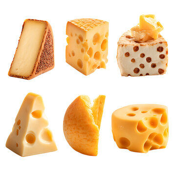 Six different types of cheese arranged on a white background