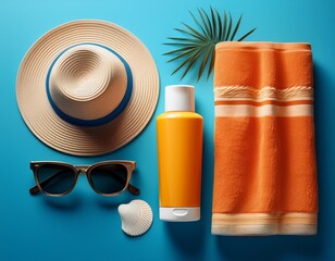 summer essentials on a bright blue background sunscreen towel sunglasses and beach hat