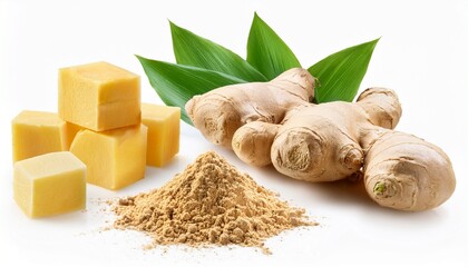 fresh ginger root with leaves powder and cubes isolated on white background