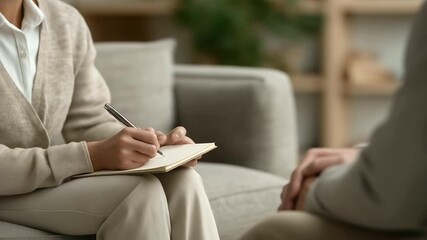 woman therapist introducing journaling prompts to patient soft pen scratch supportive mental health tool three quarter wide angle cinematic color correction gentle backlight