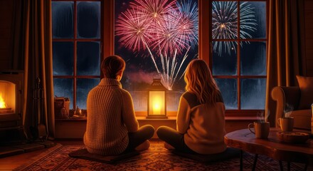 Couple Watching Fireworks From Warm Cozy Room