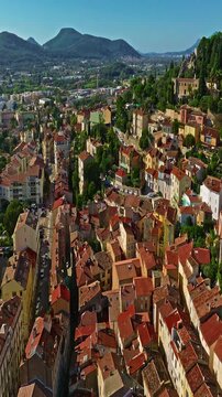  Aerial view of ancient streets and houses of the historic center of the city of Hyeres in the Var department on the azure coast