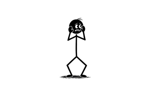 Desperate stick figure man clutches head in panic, overwhelmed by stress and anxiety, conveying urgent need for solutions and support in dynamic motion
