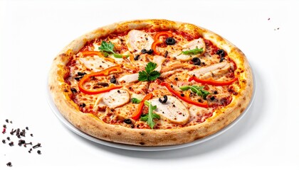 A freshly baked pizza with golden crust, topped with chicken, bell peppers, black olives, and melted cheese, served on a wooden pizza peel.