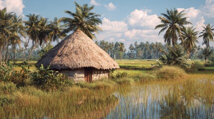 Tranquil rural scene featuring thatched cottage beside rice field with lush greenery and palm trees under blue sky with fluffy clouds