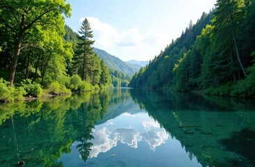 A clear river surrounded by green forest, reflecting the sky. Fresh air, ecology conceprt. High quality photo