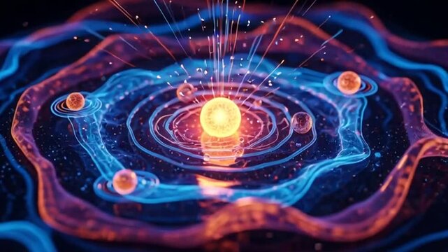 Vibrant cosmic dance unfolds with a glowing sun and orbiting planets, sparking energy and wonder in a mesmerizing nebula