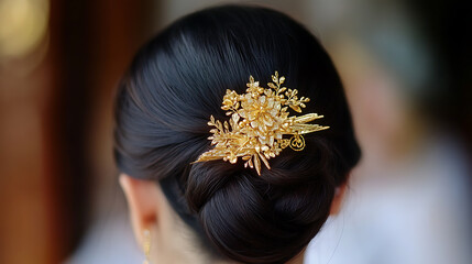 Elegant updo featuring a beautiful golden floral hairpin. A timeless accessory for any special occasion, it enhances the hairstyle with sophistication and a touch of glamour.