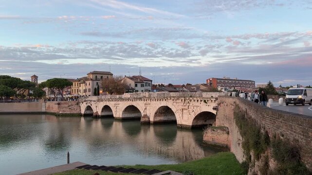 Tiberio bridge in Rimini. Roman bridge, ancient architecture.