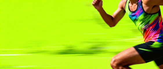 Runner's torso in bright multicolored tank top with motion blur effect against vibrant lime green background.