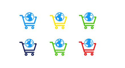 Colorful shopping carts with globe icons symbolizing global e-commerce and online shopping.