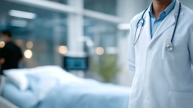 doctor standing beside hospital bed with stethoscope and digital monitor soft beep critical care readiness three quarter wide angle cinematic color correction gentle backlight