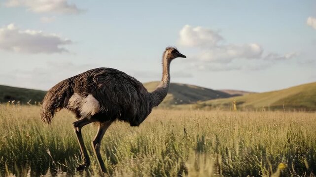 A captivating shot of a running emu in a golden field under a blue sky. The scene evokes a sense of freedom and movement.