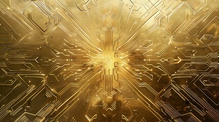 Gleaming Gold Circuit Board Pattern with Central Energetic Glow