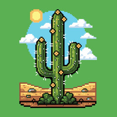 Naklejka premium Pixel art illustration of a saguaro cactus in a desert landscape with a sun and clouds in the sky.