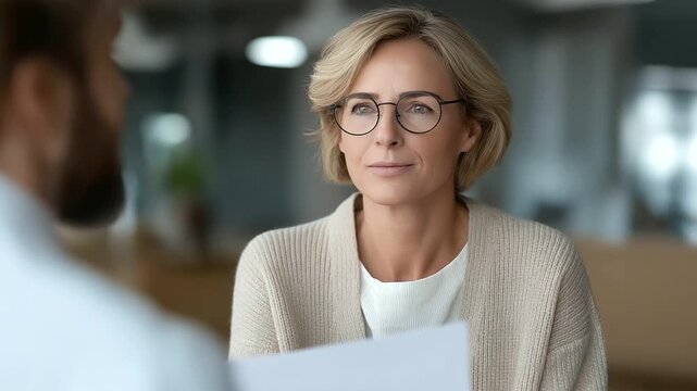 female counselor explaining cognitive behavioral therapy worksheet to patient muted page flip supportive guidance three quarter wide angle cinematic color correction gentle