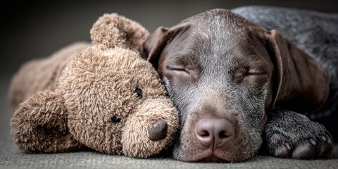 A dog peacefully sleeps beside a teddy bear, highlighting warmth and affection in an indoor environment