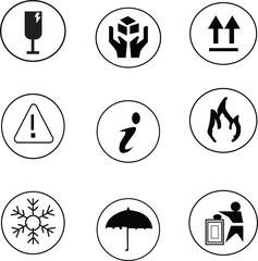 International Shipping and Packaging Handling Symbols Icon Set, Logistics and Cargo Warning Signs Vector Collection