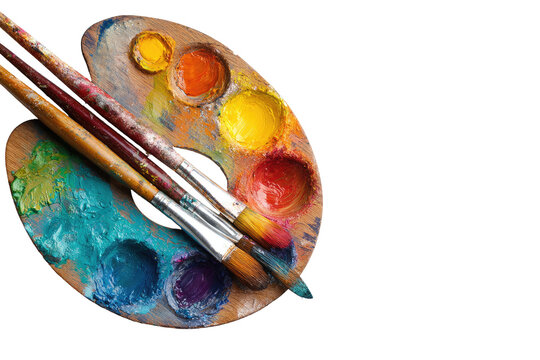 Close-up of a wooden artist's palette with colorful paint and paintbrushes
