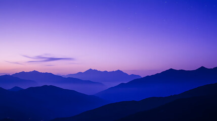 Mountains cascade into the twilight sky, serene and magical. Indigo hues blend with lavender and magenta to create a scene of nature's majesty and tranquility. Stars sparkle in the sky.