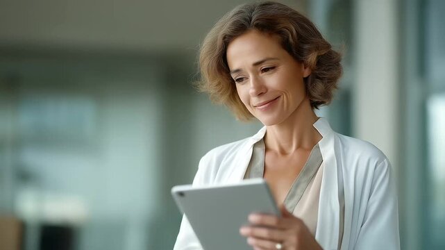 female health worker checking patient&rsquo;s mood logs on tablet muted beeps supportive digital therapy depression monitoring three quarter wide angle cinematic color correction
