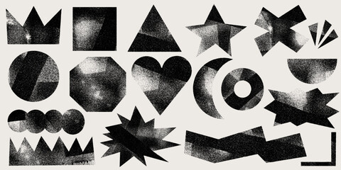 Set of black grunge postage stamp shapes with linocut and ink roller texture. Handcrafted letterpress geometric forms like heart, crown, and star. Rough detailed vintage linocut texture vector design.