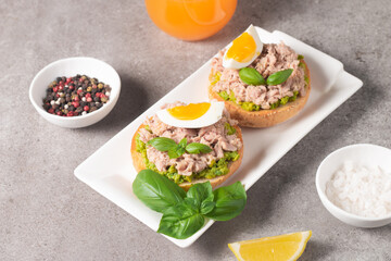 Two delicious tuna open sandwiches with avocado and boiled eggs. Tuna toast.