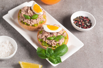 Two delicious tuna open sandwiches with avocado and boiled eggs. Tuna toast.