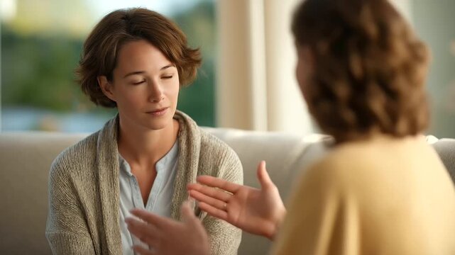 female therapist sitting beside young woman on couch offering supportive conversation warm daylight muted background mental health care empathy three quarter wide angle cinematic