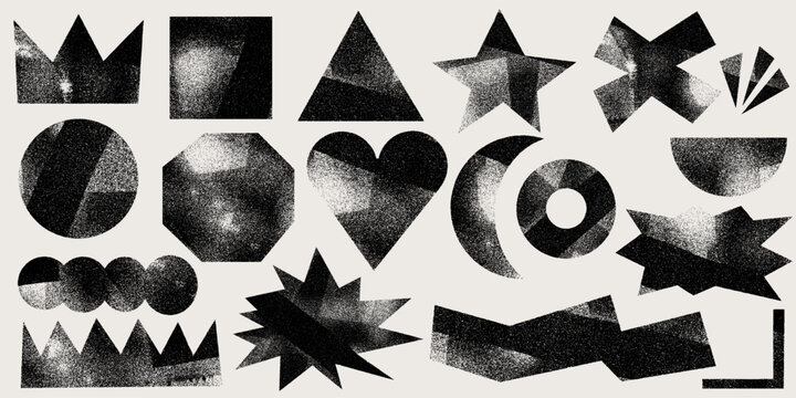 Set of black grunge postage stamp shapes with linocut and ink roller texture. Handcrafted letterpress geometric forms like heart, crown, and star. Rough detailed vintage linocut texture vector design.