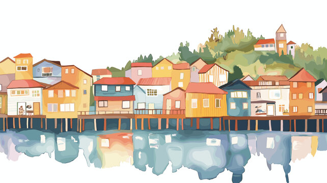 Chiloe Island. Chiloe Island hand drawn watercolor illustration
