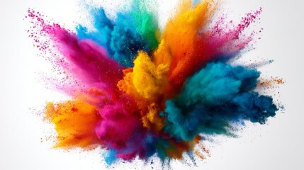 Fototapeta premium Vibrant color explosion capturing dynamic burst of multicolored powder particles frozen in mid-air against pristine white background, symbolizing creativity and energy