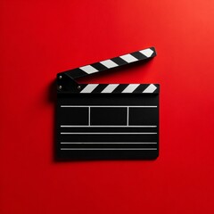 Obraz premium Cinematic clapperboard against vibrant red background symbolizing the art of filmmaking and creative visual storytelling