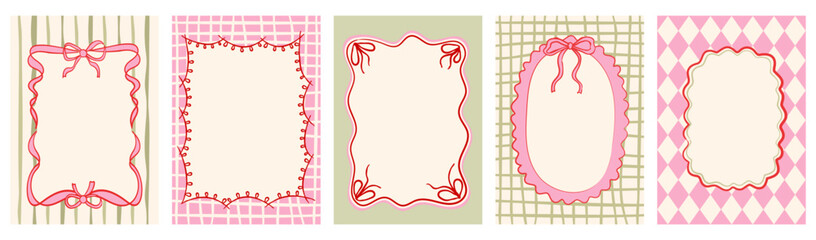 Christmas greeting cards in a  doodle style. Decorated with ribbon frames, bows, stripe details, and vintage lettering. for holiday banners, greeting cards, and seasonal posters