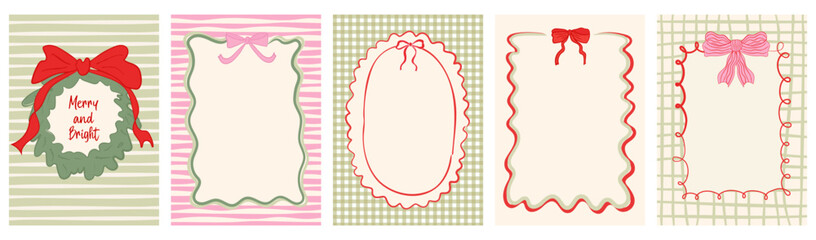 Vintage Christmas greeting card set with playful hand-drawn doodles. Features festive ribbon and bow frames. Perfect for seasonal posters, banners, and card layouts